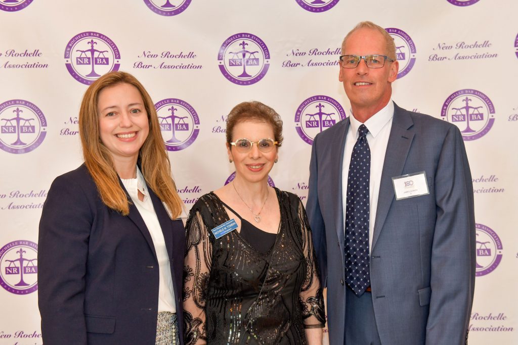 Picture of Helen Mezger, Senior Appellate Consultant (Left) and Vice President James Dignon (Right) of Appellate Innovations with Michele Tombini, Esq., President of the New Rochelle Bar Association (Center).